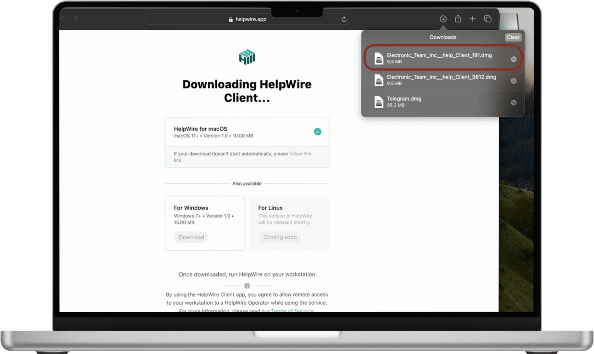 The client downloads and starts the HelpWire Client app on their computer using the shared download link