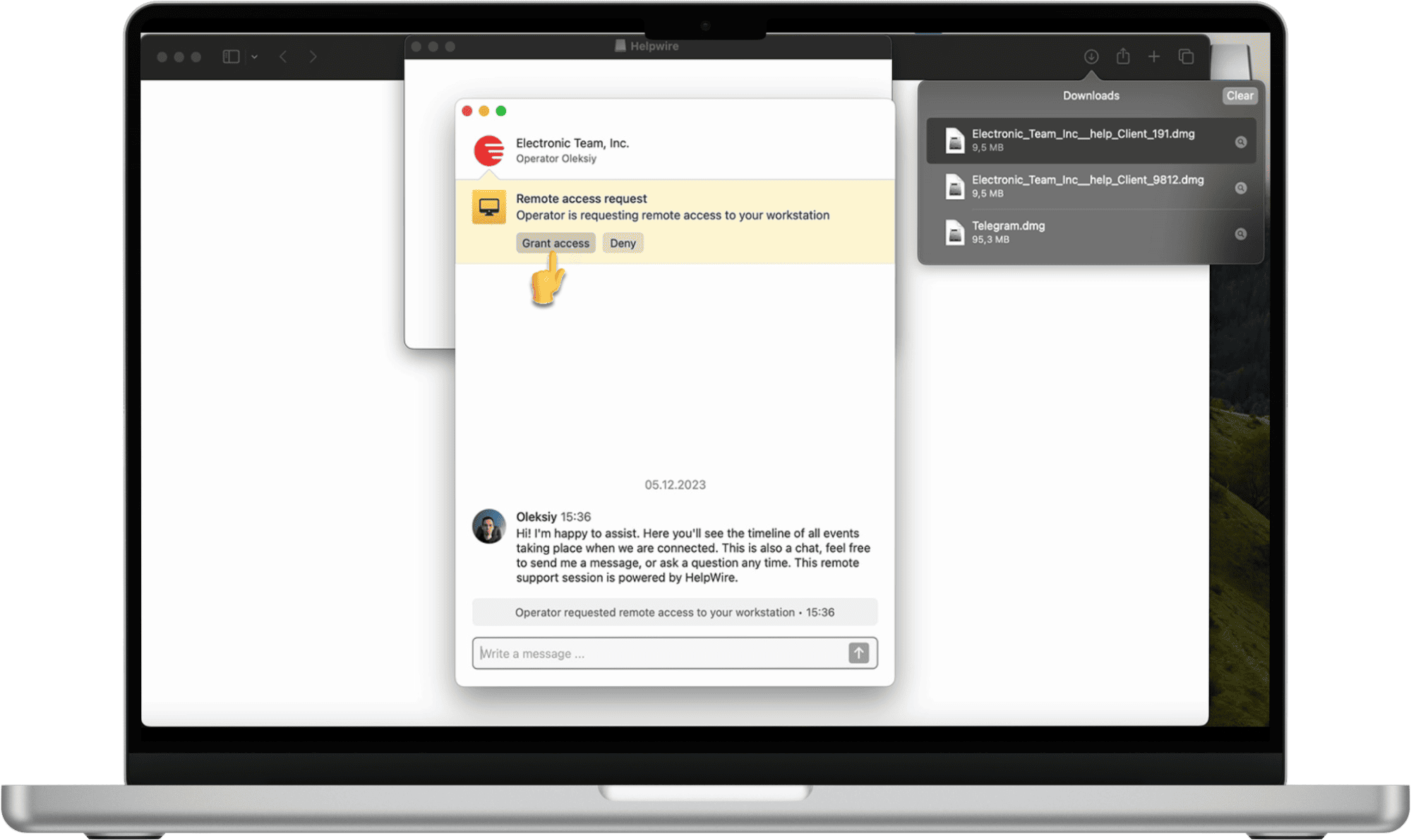 When the client starts HelpWire, they receive your request for remote access