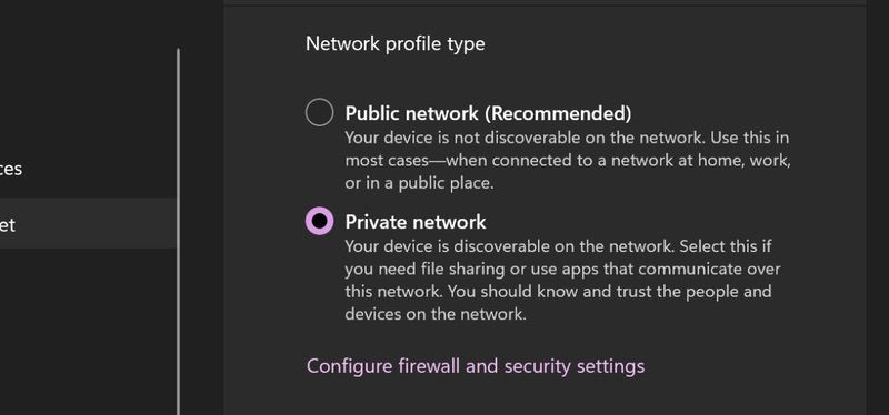alterar o perfil de rede para Rede Privada