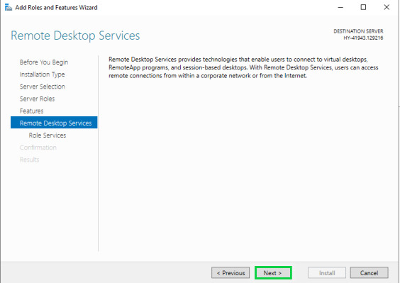 Under Role Services go to  Remote Desktop Services