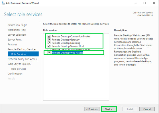 enable Connection Broker, Gateway, Licensing, Session Host, and Web Access