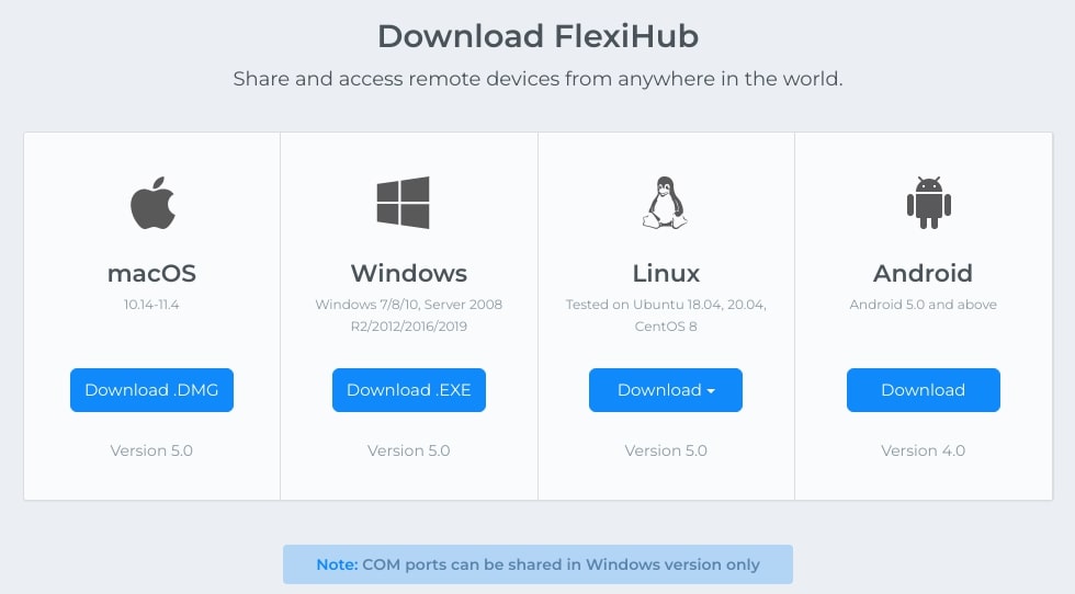  escolha a plataforma (Windows, Linux, macOS e Android) para fazer o download do FlexiHub build