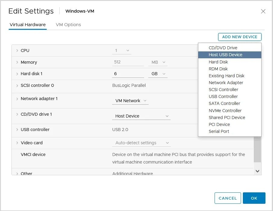 Passerelle USB VMware