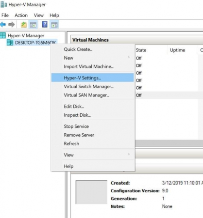 Hyper-V manager settings