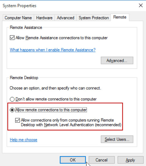 allow remote connections to this computer