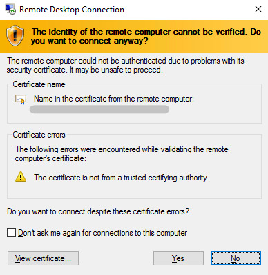 the identity of the remote computer cannot be verified