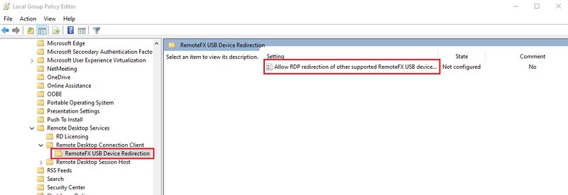Permitir o redirecionamento RDP de outros dispositivos USB RemoteFx compatíveis