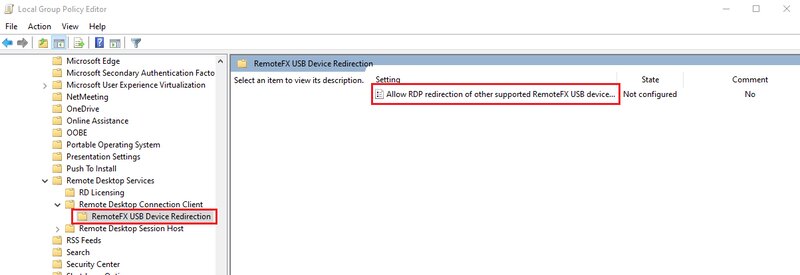 Ermöglichen Sie die RDP-Umleitung anderer unterstützter RemoteFx-USB-Geräte