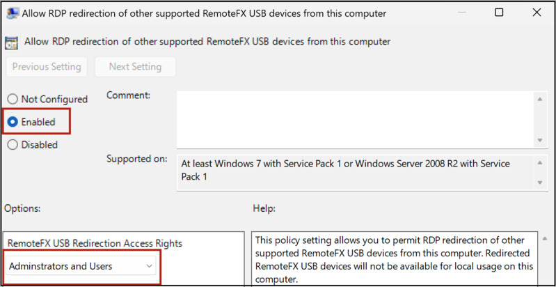 Consenti il reindirizzamento RDP di altri dispositivi USB RemoteFX supportati