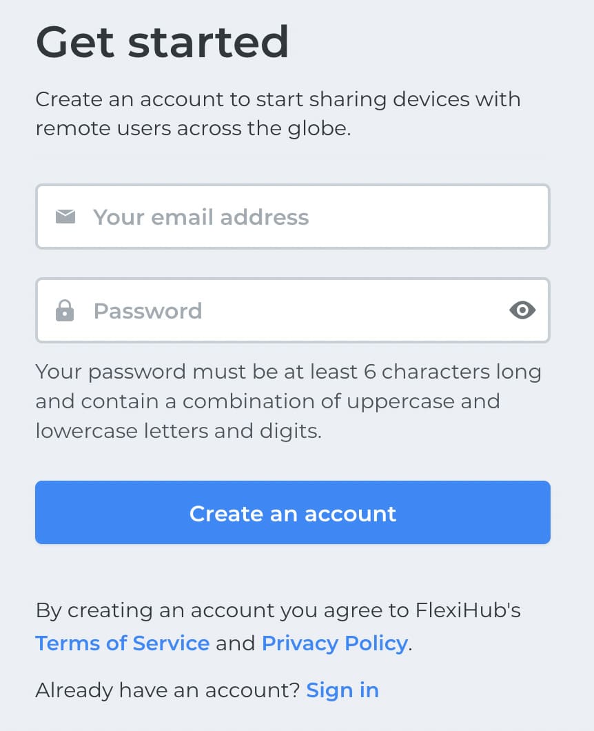  registrar un cuenta flexihub