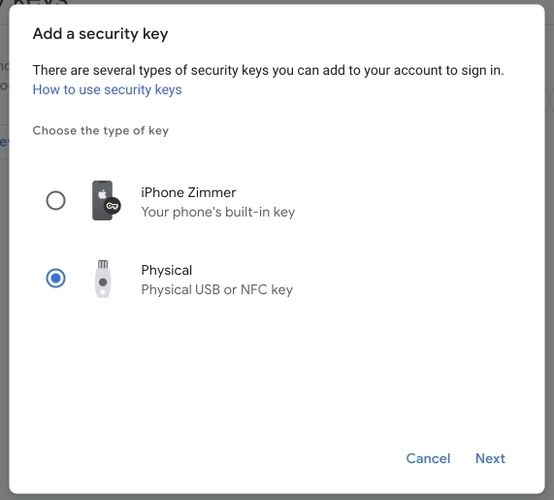 select a security key for a Google account
