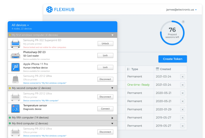 Una demostración de FlexiHub con impresoras conectadas, un lector de tarjetas SD, un teléfono y sensores compartidos en varios ordenadores.